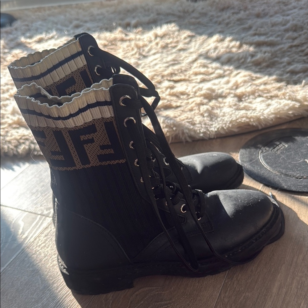Fendi Black Combat Boots with Tan Accents
